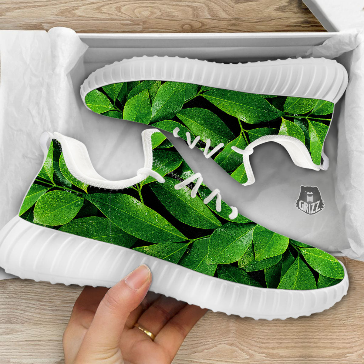 Green Leaf Print White Walking Shoes-grizzshop