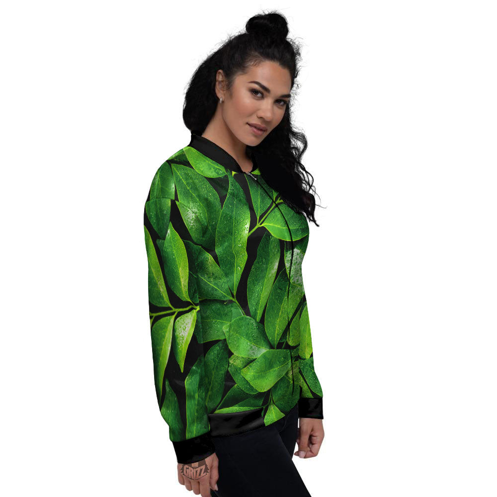 Green Leaf Print Women's Bomber Jacket-grizzshop