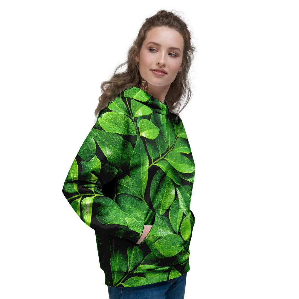 Green Leaf Print Women's Hoodie-grizzshop