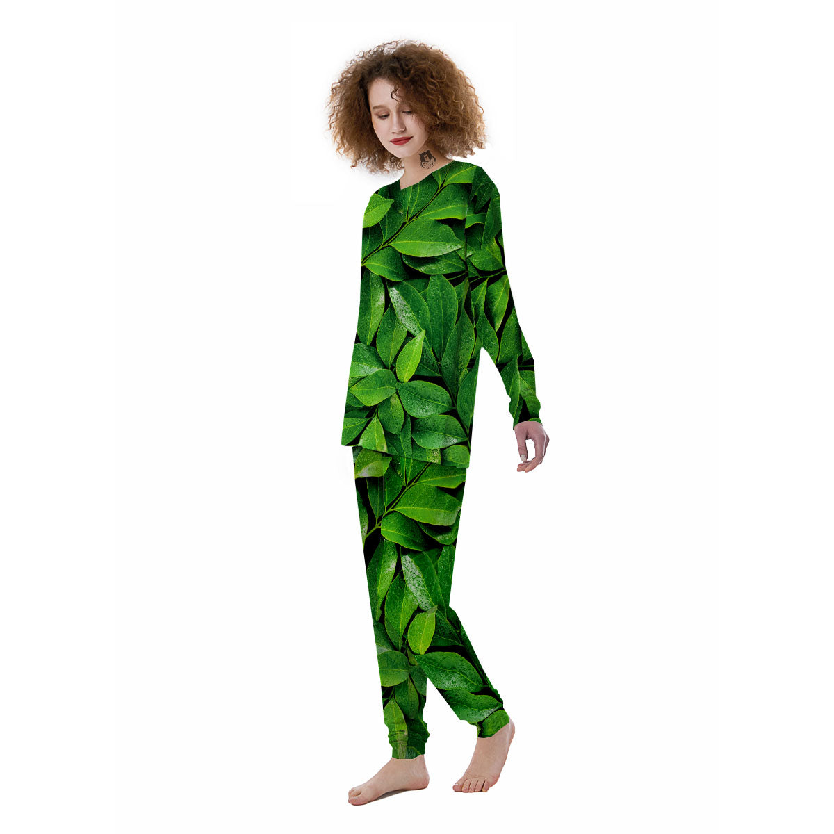 Green Leaf Print Women's Pajamas-grizzshop