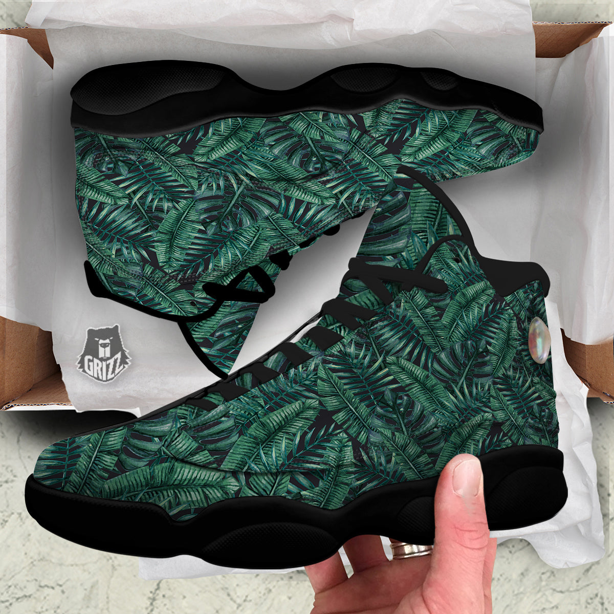 Green Leaf Tropical Print Pattern Black Basketball Shoes-grizzshop