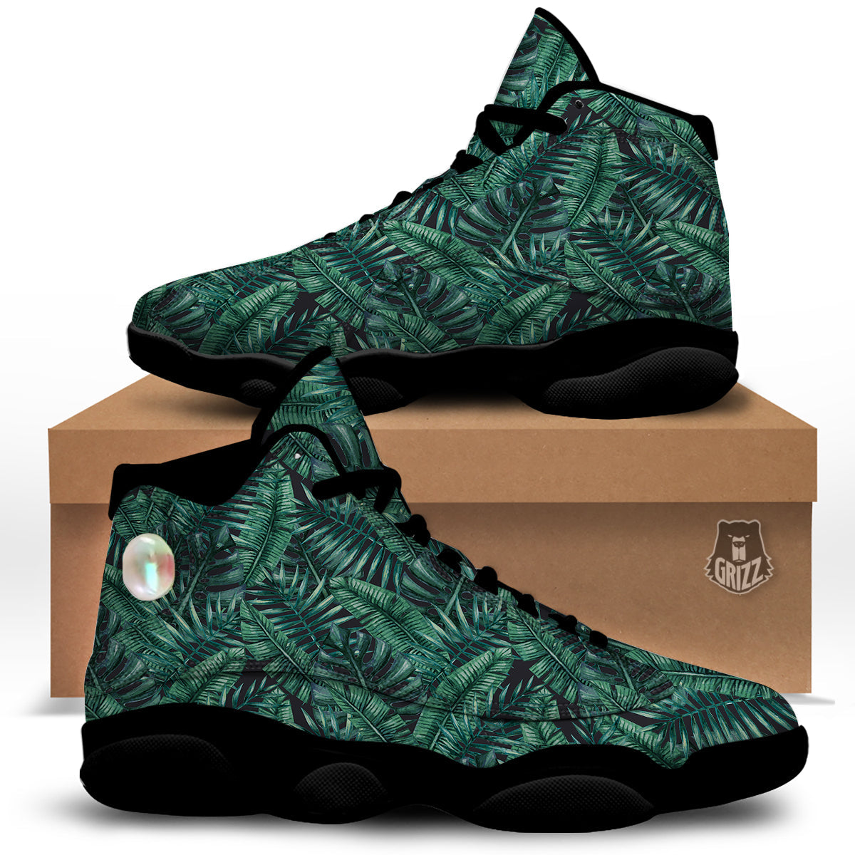 Green Leaf Tropical Print Pattern Black Basketball Shoes-grizzshop