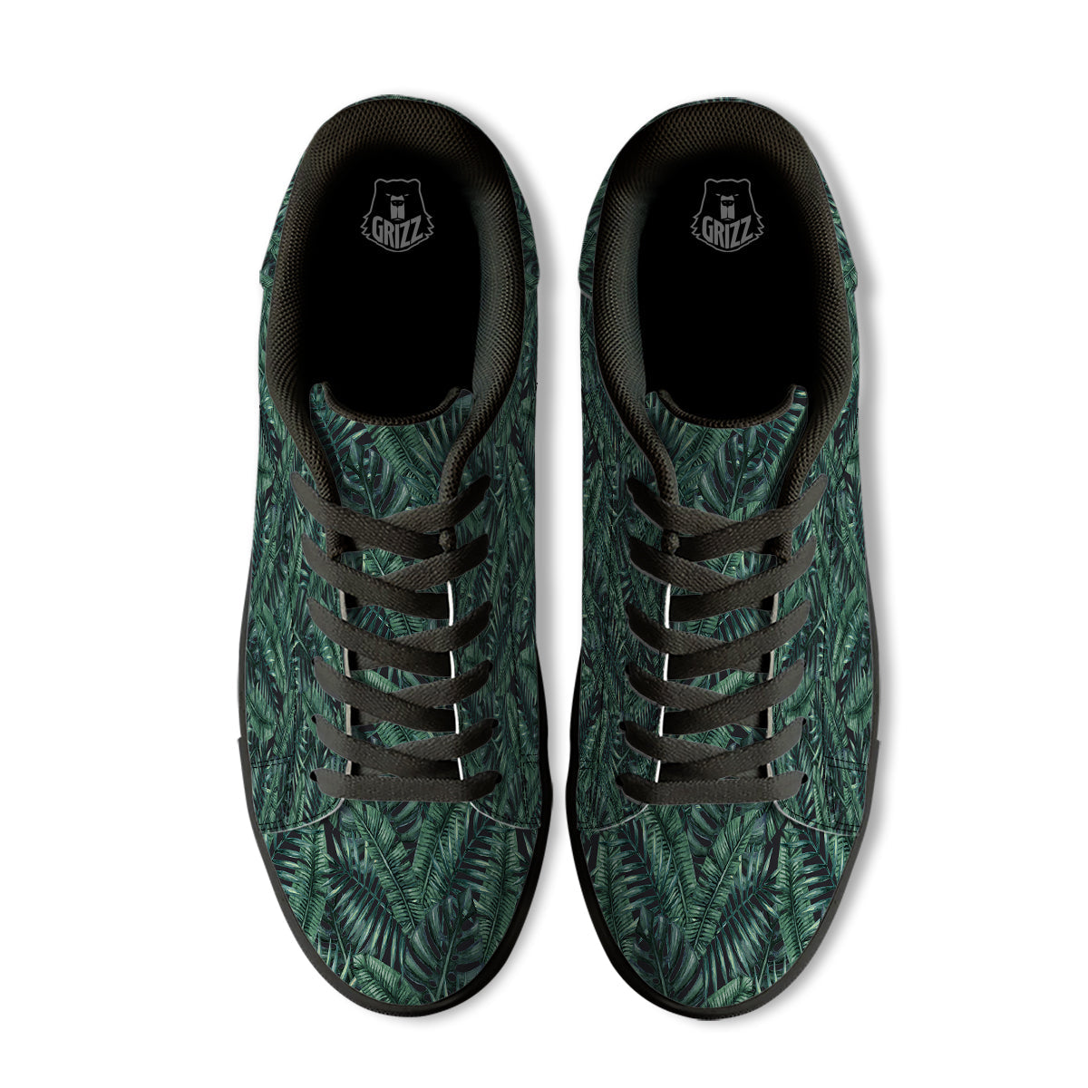 Green Leaf Tropical Print Pattern Black Low Top Sneakers-grizzshop
