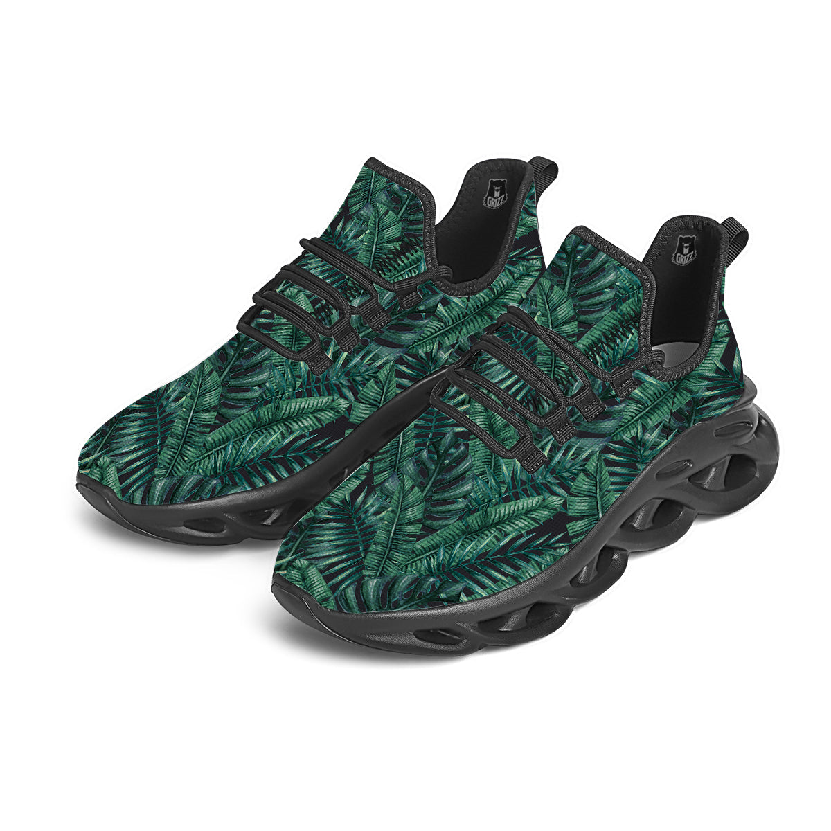 Green Leaf Tropical Print Pattern Black Running Shoes-grizzshop