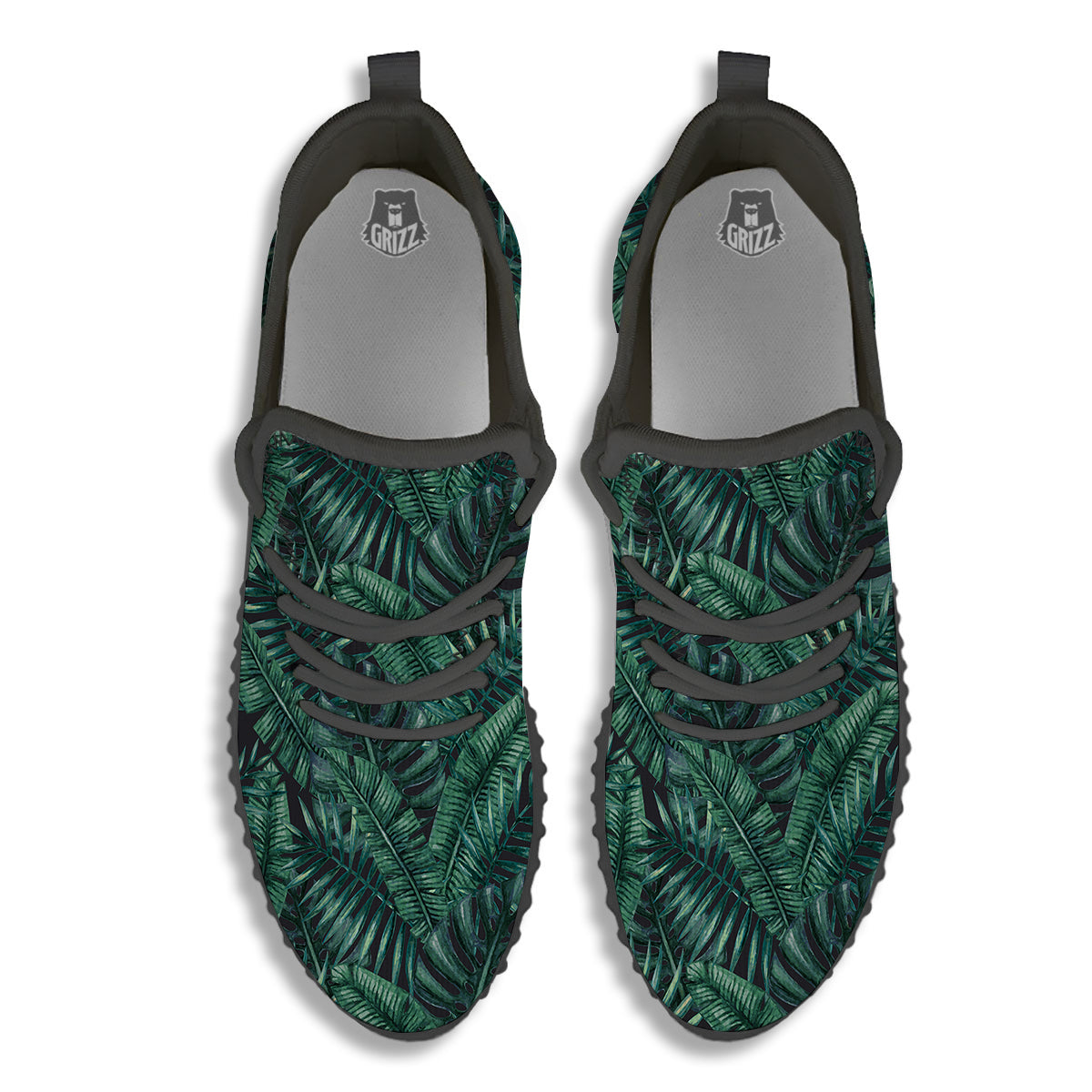 Green Leaf Tropical Print Pattern Black Walking Shoes-grizzshop