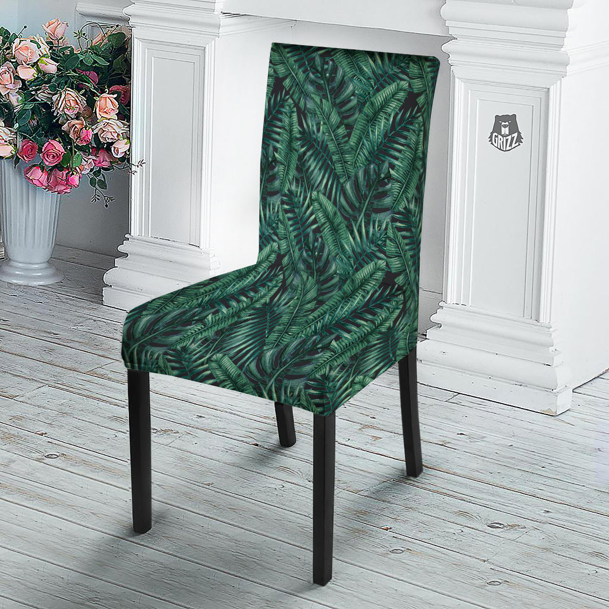 Green Leaf Tropical Print Pattern Dining Chair Slipcover-grizzshop