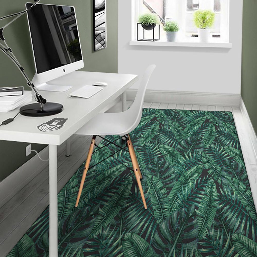 Green Leaf Tropical Print Pattern Floor Mat-grizzshop