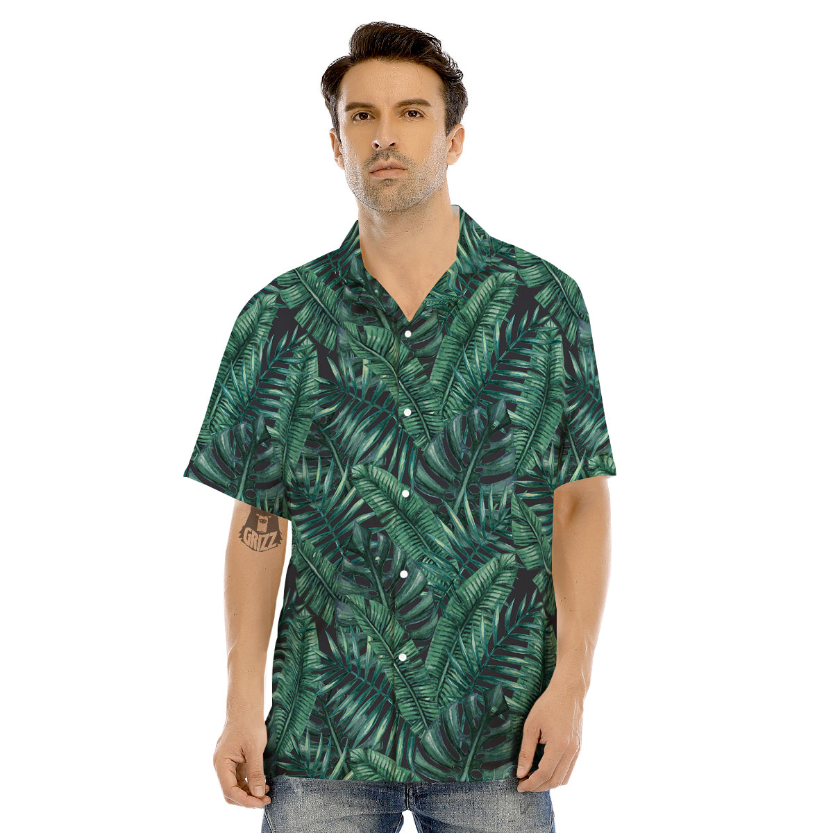 Green Leaf Tropical Print Pattern Men's Hawaiian Shirt-grizzshop