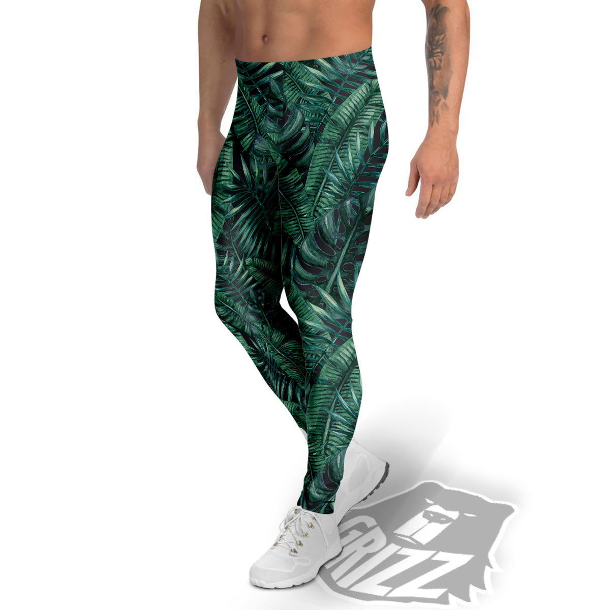 Green Leaf Tropical Print Pattern Men's Leggings-grizzshop