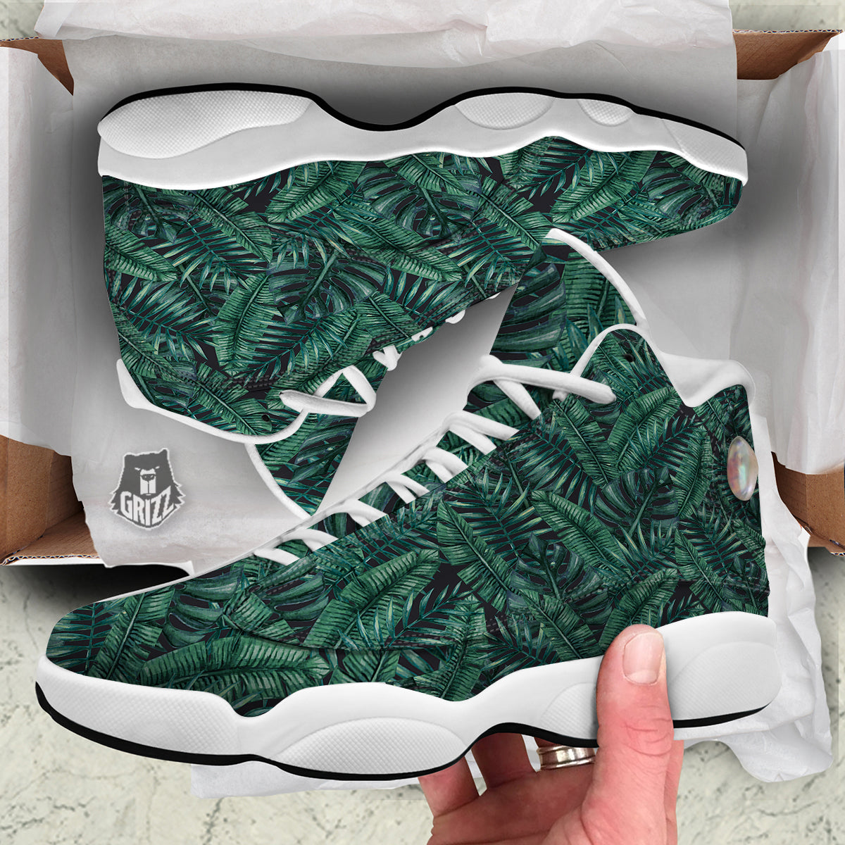Green Leaf Tropical Print Pattern White Basketball Shoes-grizzshop