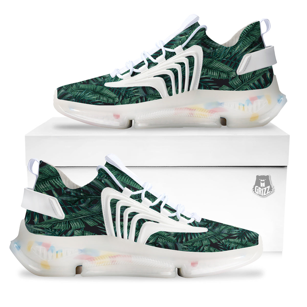 Green Leaf Tropical Print Pattern White Gym Shoes-grizzshop