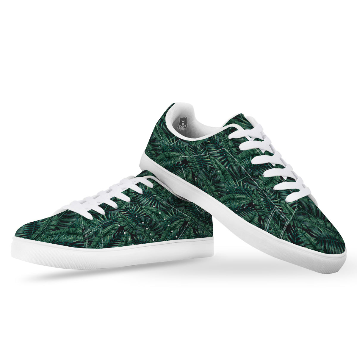 Green Leaf Tropical Print Pattern White Low Top Sneakers-grizzshop