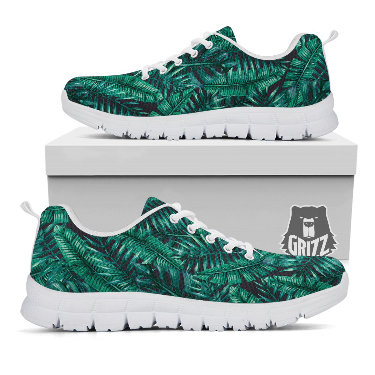 Green Leaf Tropical Print Pattern White Sneaker-grizzshop