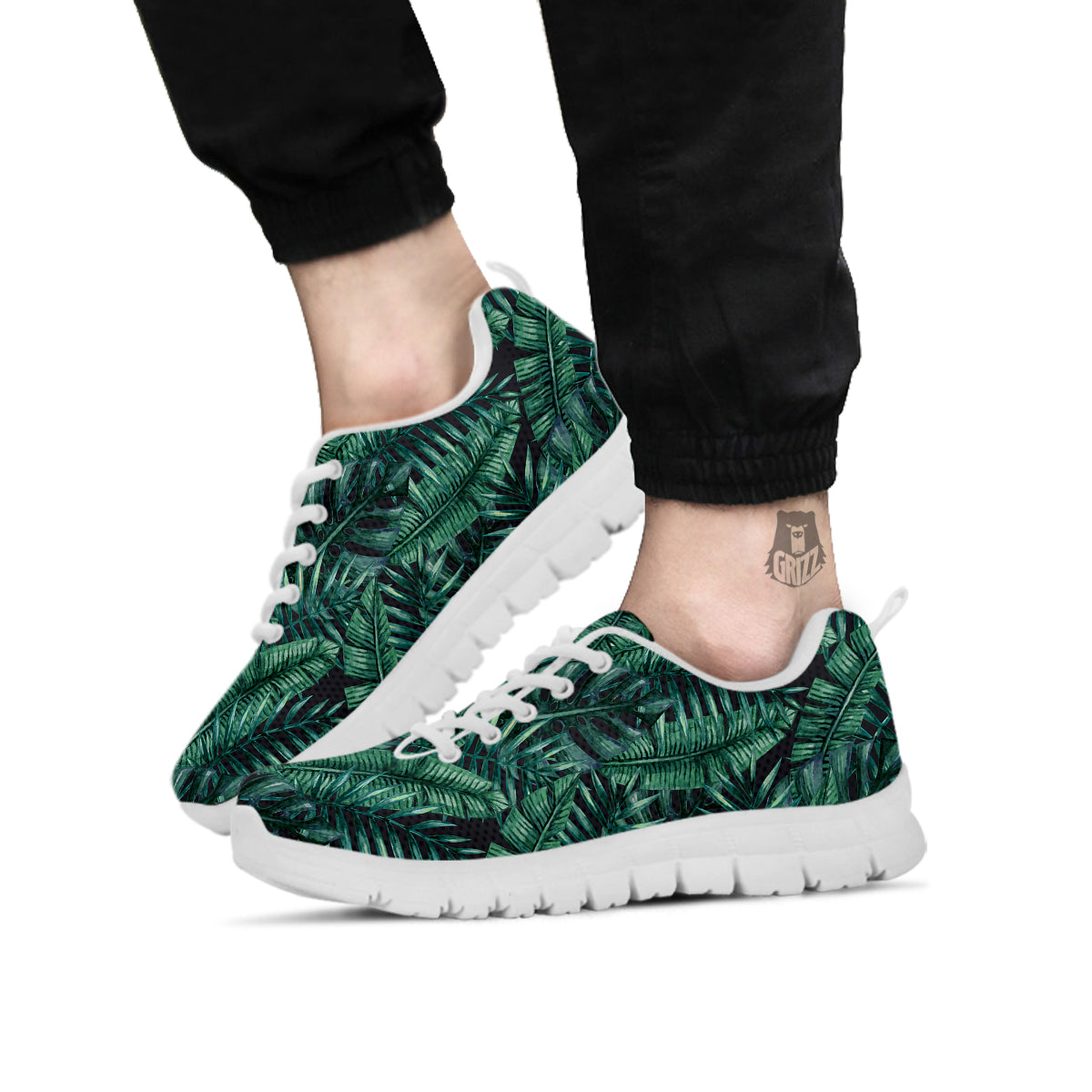 Green Leaf Tropical Print Pattern White Sneaker-grizzshop
