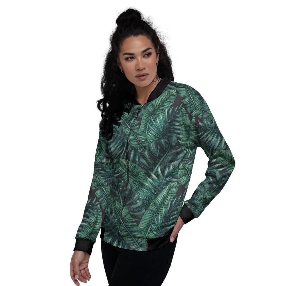 Green Leaf Tropical Print Pattern Women's Bomber Jacket-grizzshop