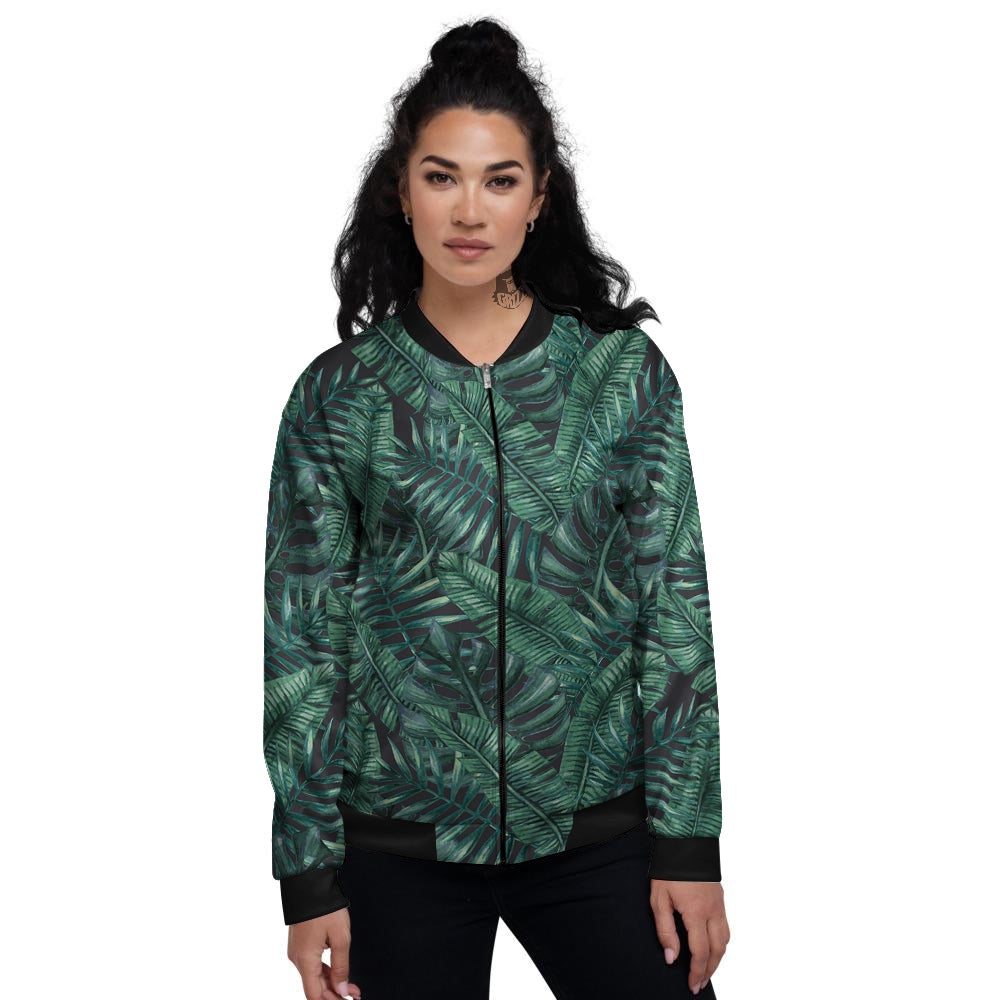 Green Leaf Tropical Print Pattern Women's Bomber Jacket-grizzshop