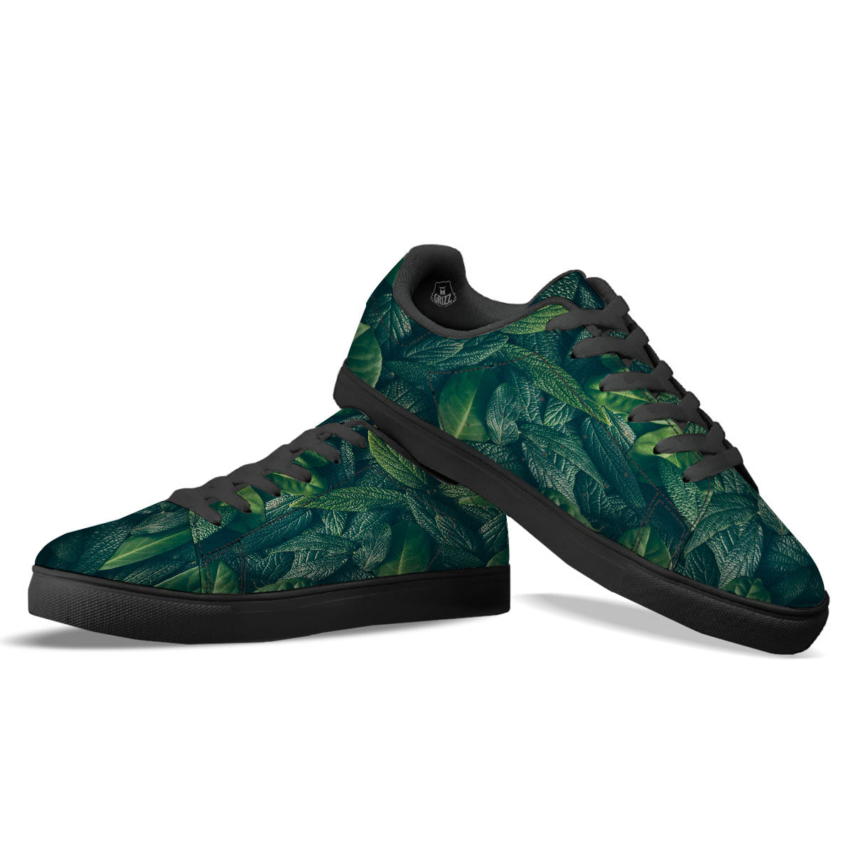 Green Leaves Print Black Low Top Sneakers-grizzshop