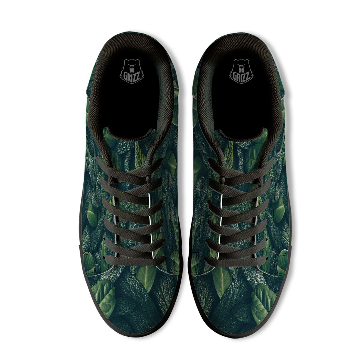 Green Leaves Print Black Low Top Sneakers-grizzshop