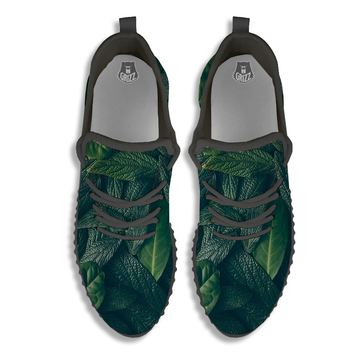 Green Leaves Print Black Walking Shoes-grizzshop