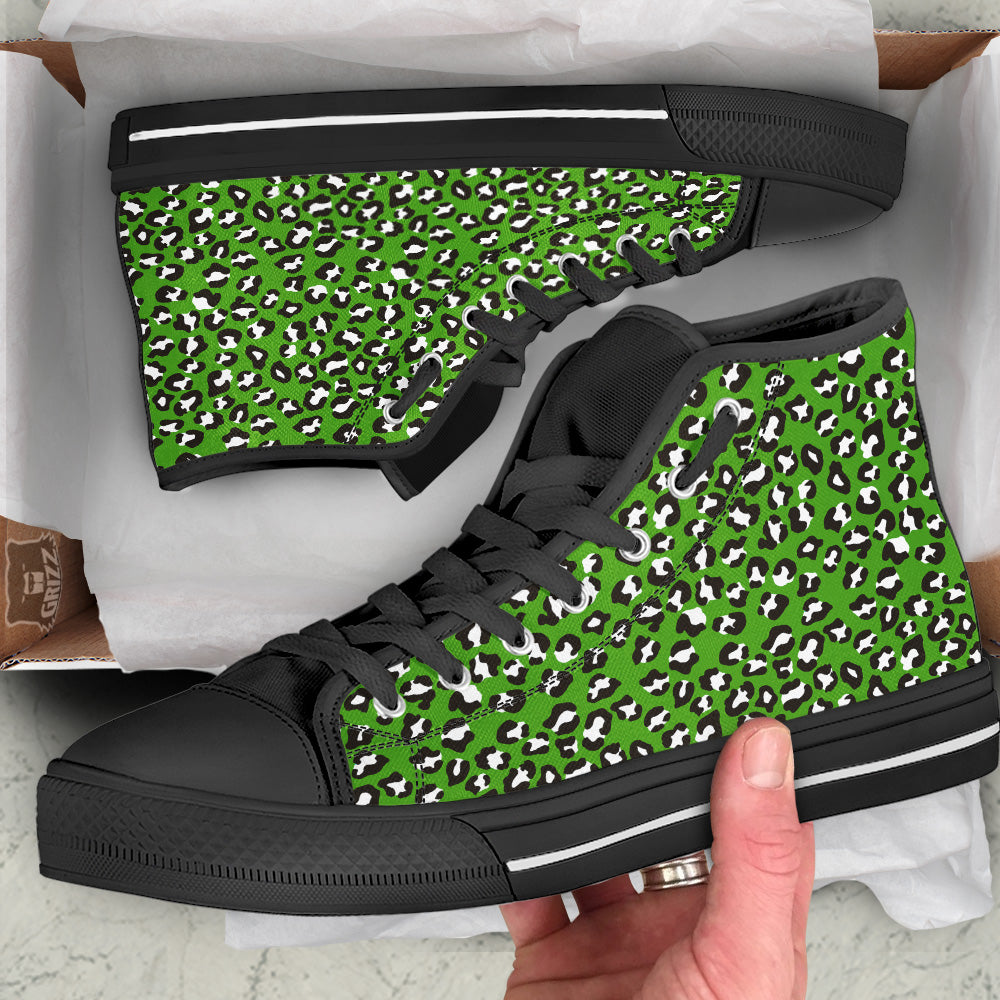 Green Leopard Print Pattern Black High Top Shoes-grizzshop
