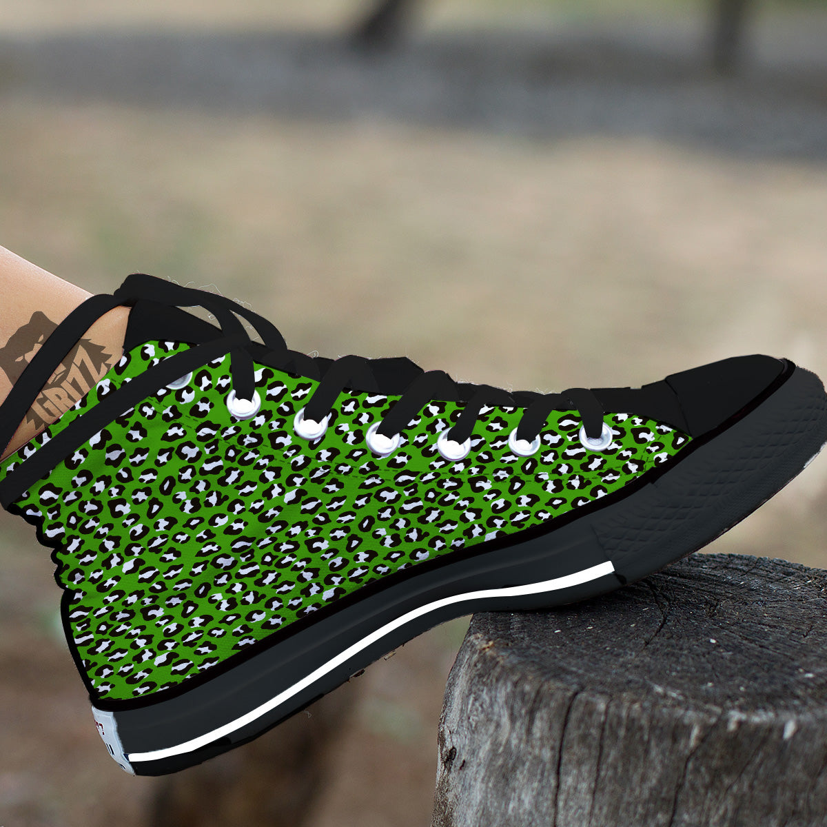 Green Leopard Print Pattern Black High Top Shoes-grizzshop