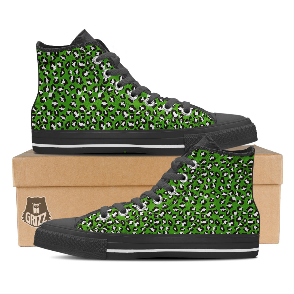 Green Leopard Print Pattern Black High Top Shoes-grizzshop