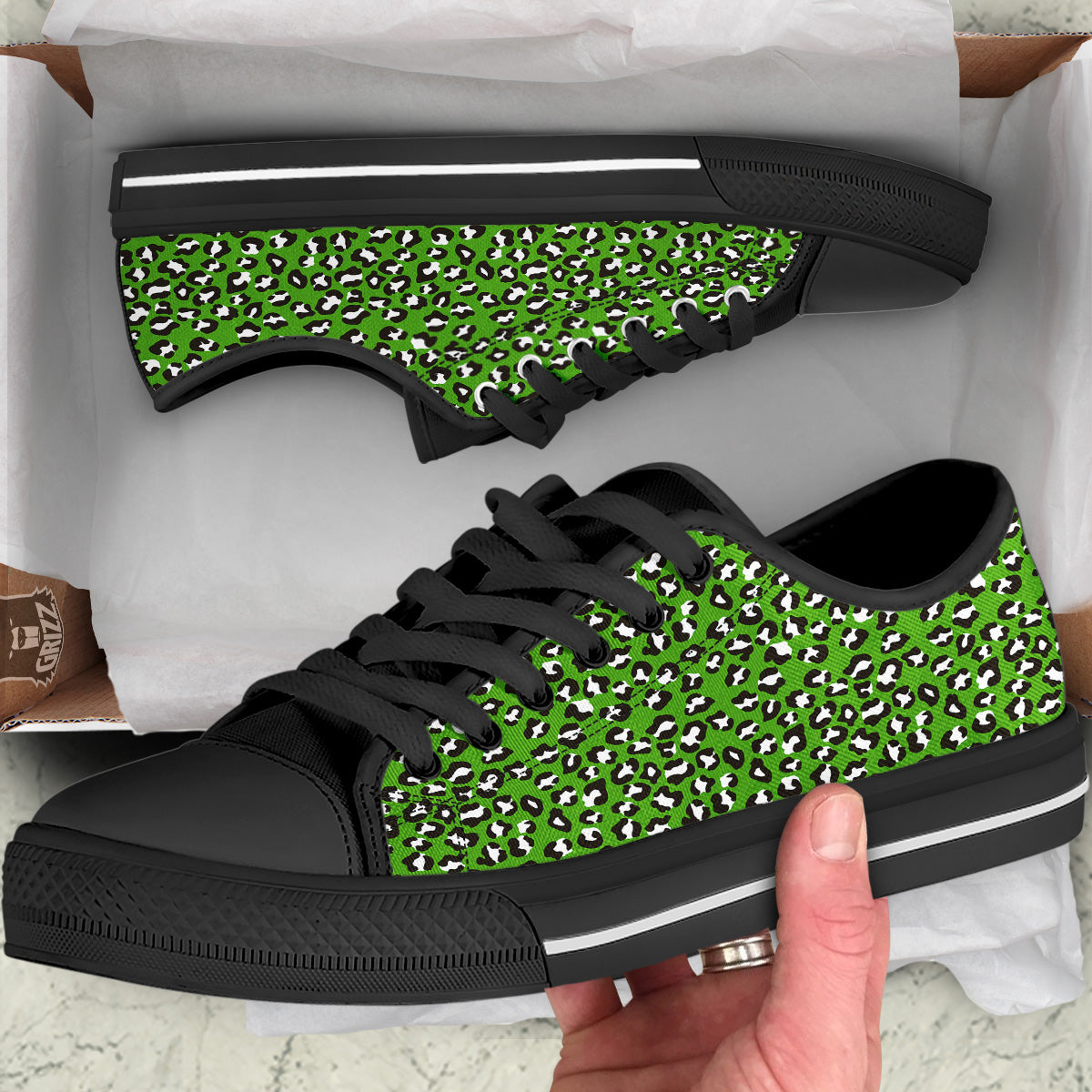 Green Leopard Print Pattern Black Low Top Shoes-grizzshop