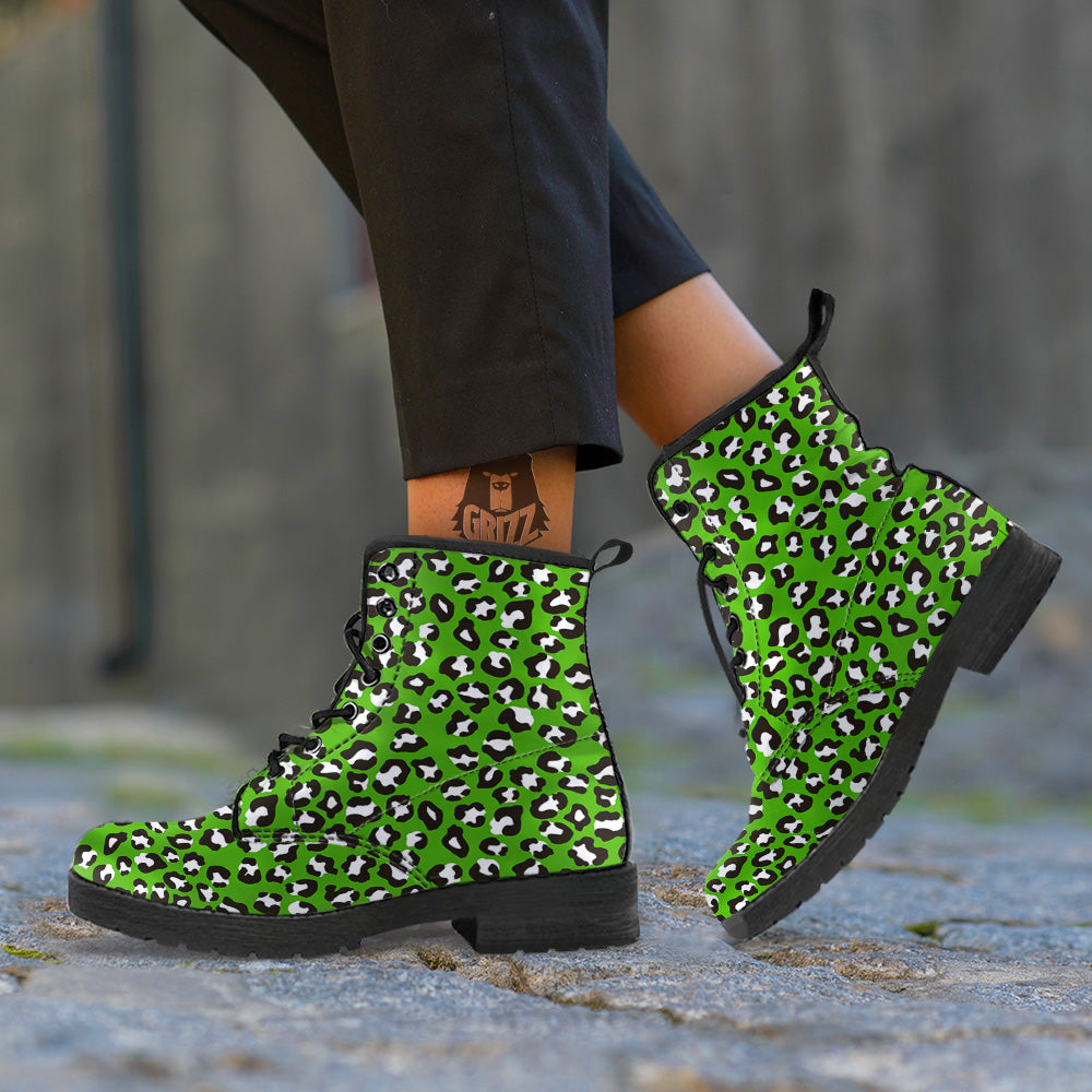 Green Leopard Print Pattern Leather Boots-grizzshop