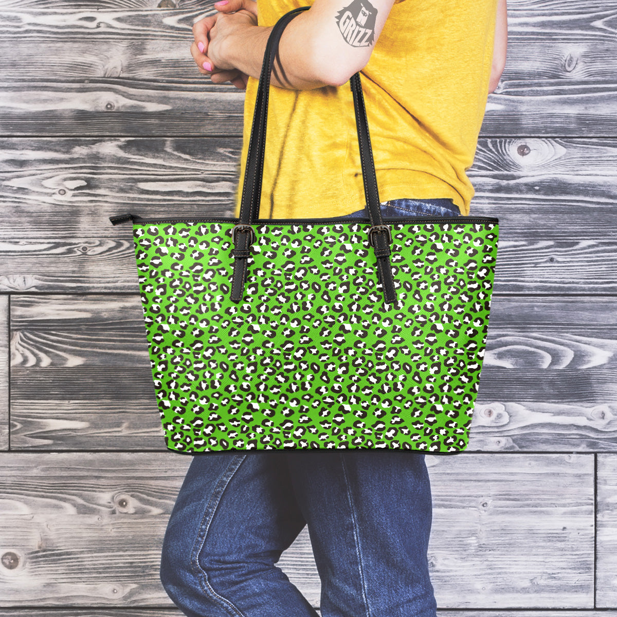 Green Leopard Print Pattern Leather Tote Bag-grizzshop