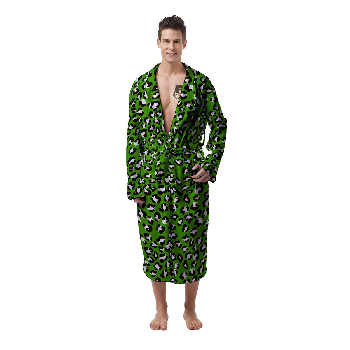 Green Leopard Print Pattern Men's Robe-grizzshop