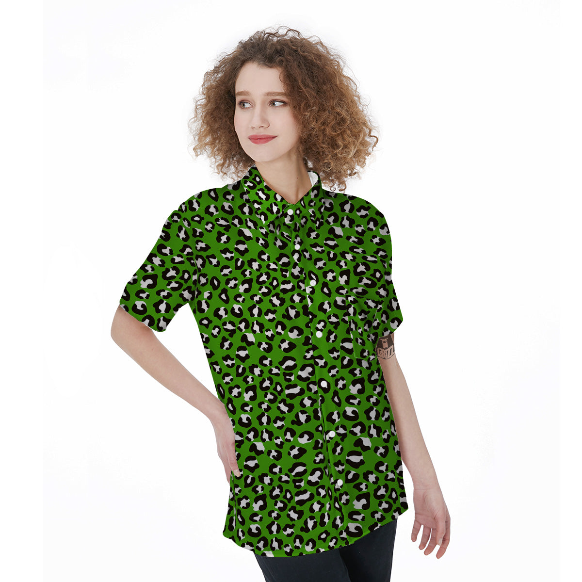 Green Leopard Print Pattern Women's Short Sleeve Shirts-grizzshop