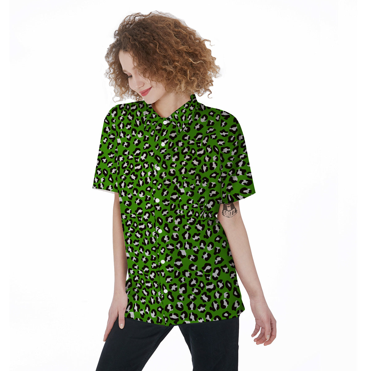 Green Leopard Print Pattern Women's Short Sleeve Shirts-grizzshop
