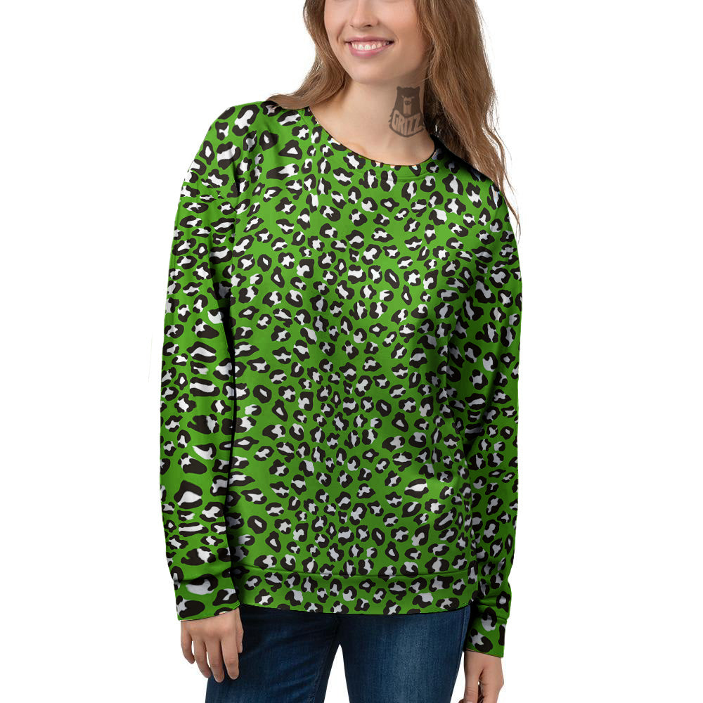 Green Leopard Print Pattern Women's Sweatshirt-grizzshop