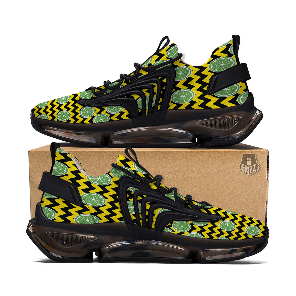 Green Lime And Yellow Zigzag Print Pattern Black Gym Shoes-grizzshop
