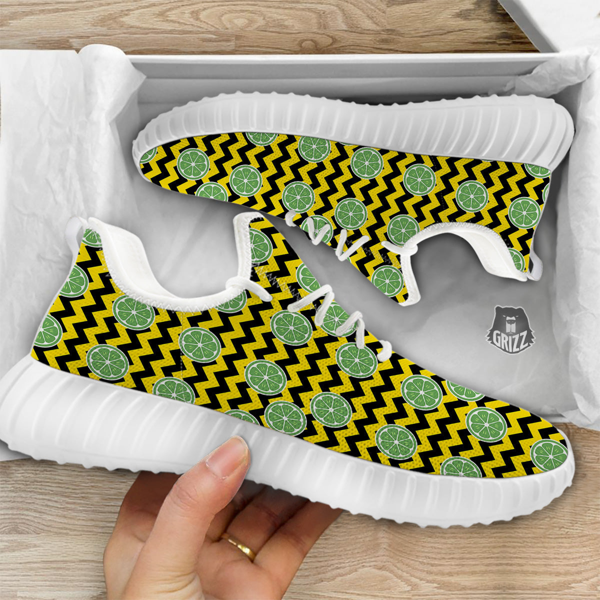 Green Lime And Yellow Zigzag Print Pattern White Walking Shoes-grizzshop