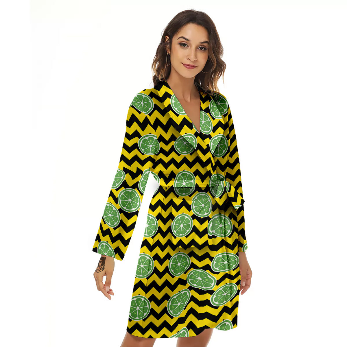 Green Lime And Yellow Zigzag Print Pattern Women's Robe-grizzshop
