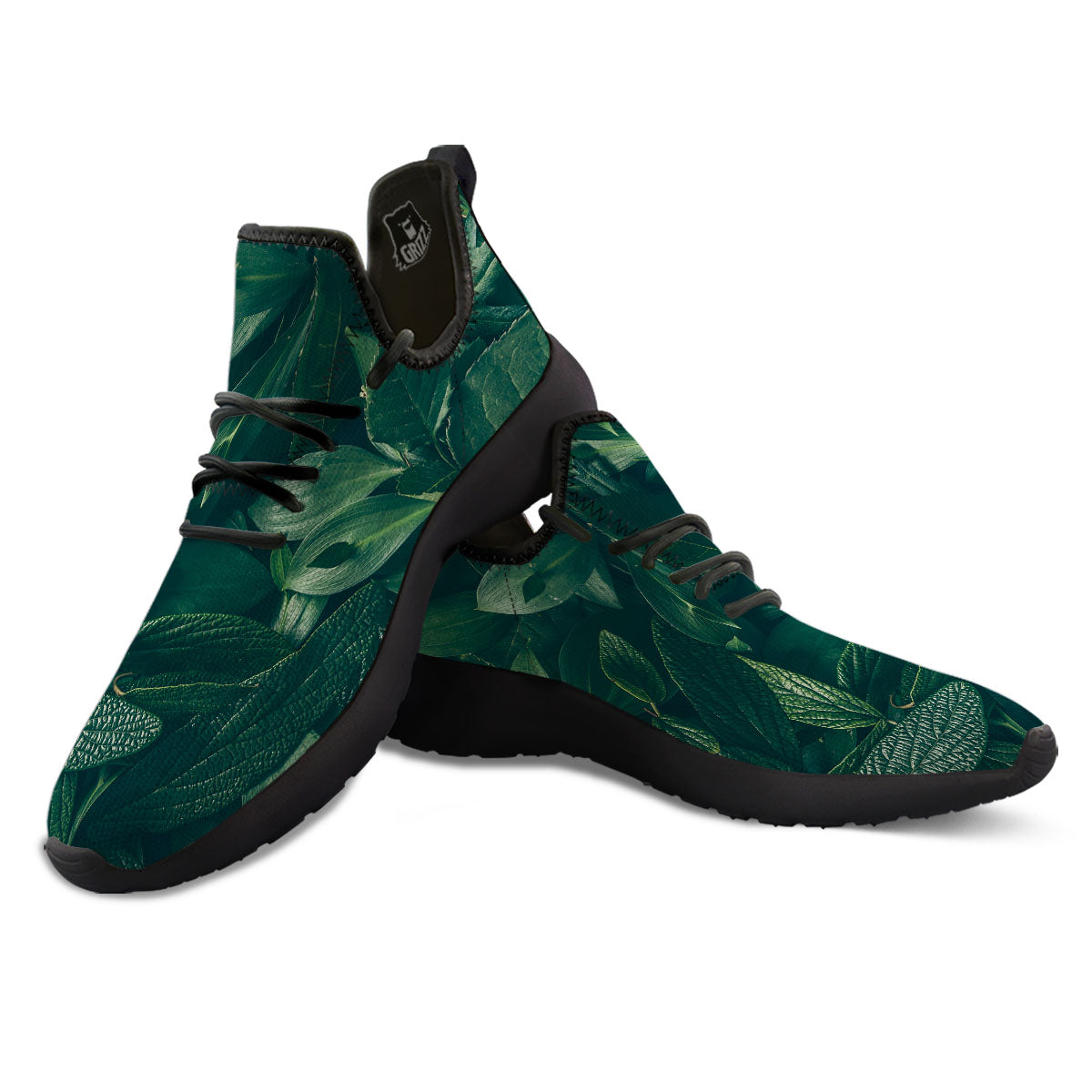 Green Natural Leaf Print Black Athletic Shoes-grizzshop