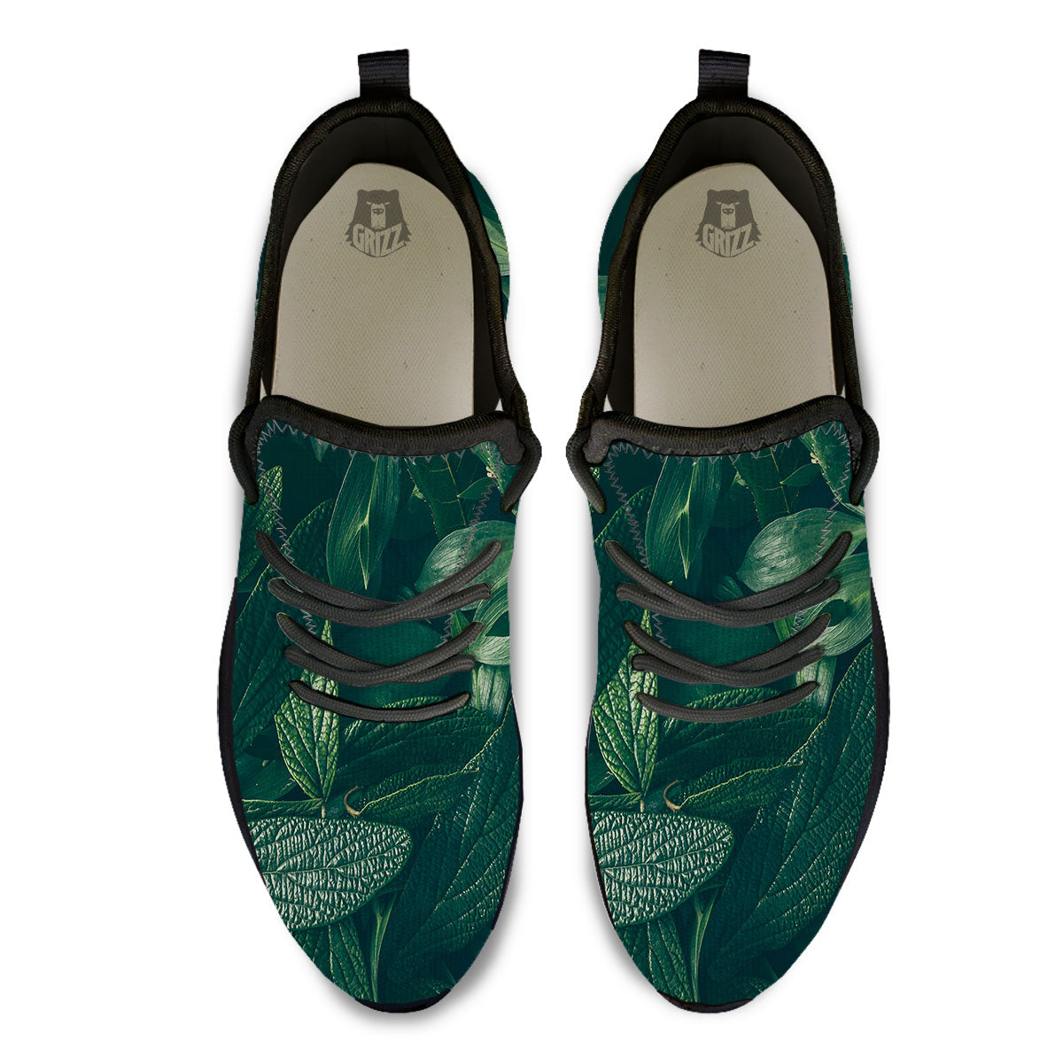 Green Natural Leaf Print Black Athletic Shoes-grizzshop