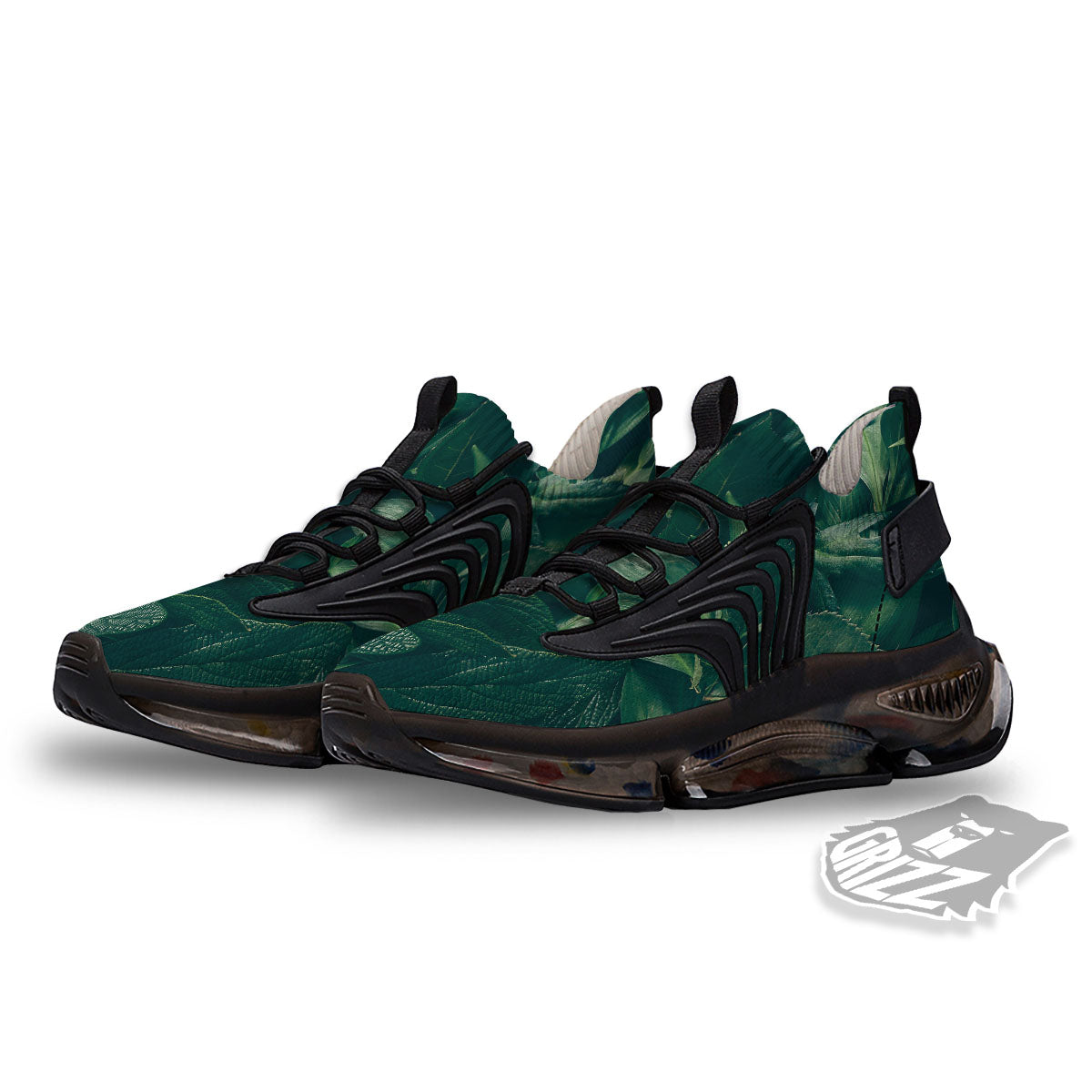 Green Natural Leaf Print Black Gym Shoes-grizzshop