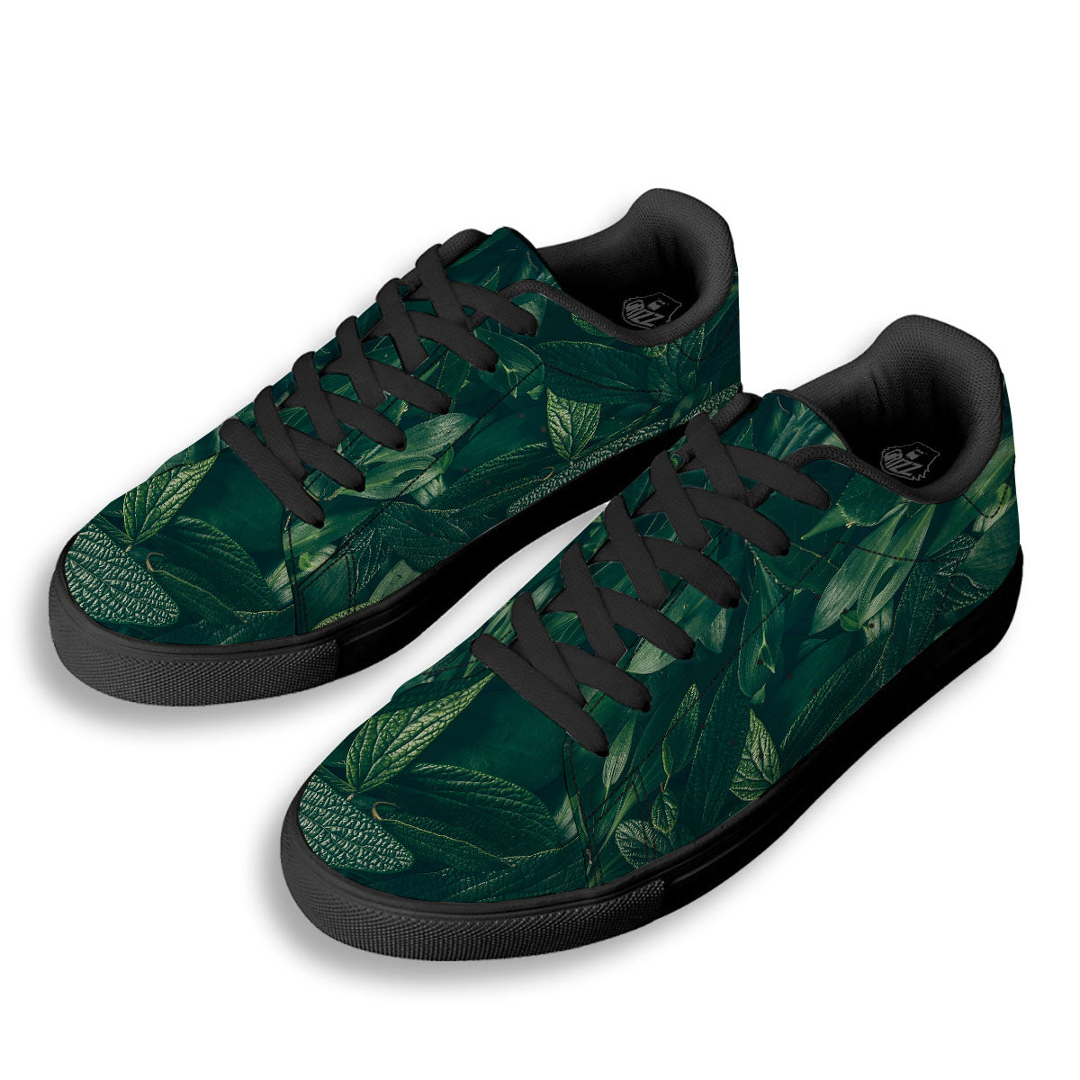 Green Natural Leaf Print Black Low Top Sneakers-grizzshop