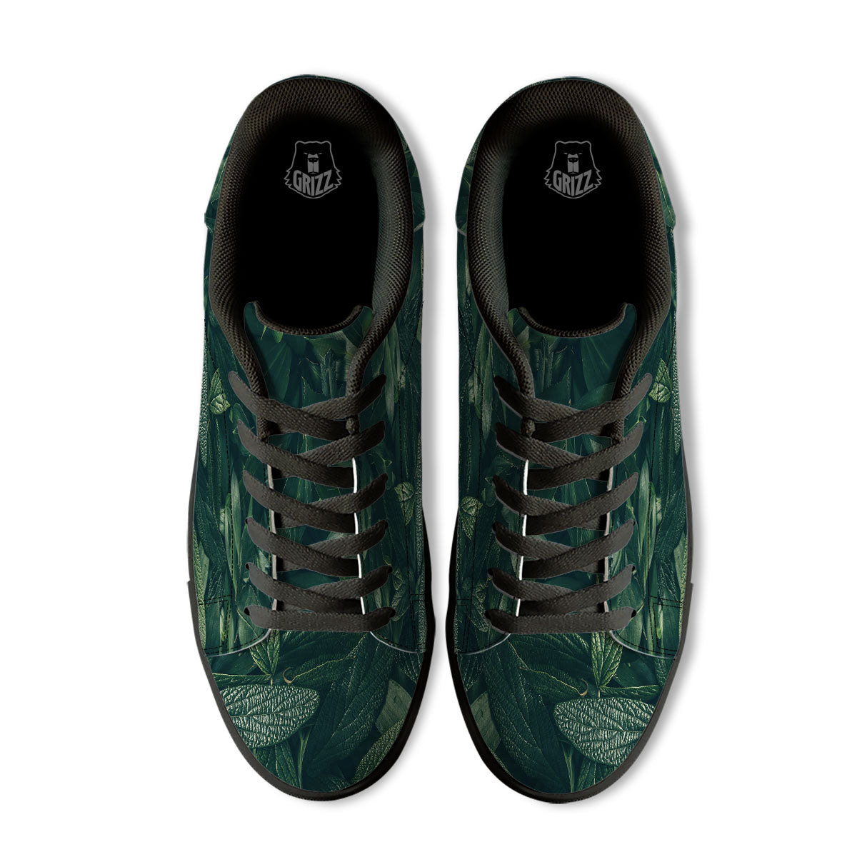 Green Natural Leaf Print Black Low Top Sneakers-grizzshop