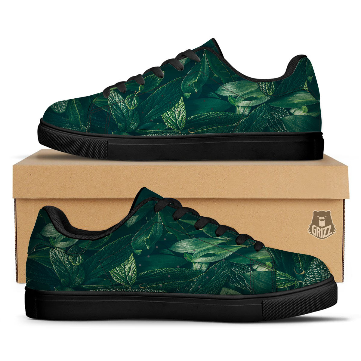 Green Natural Leaf Print Black Low Top Sneakers-grizzshop