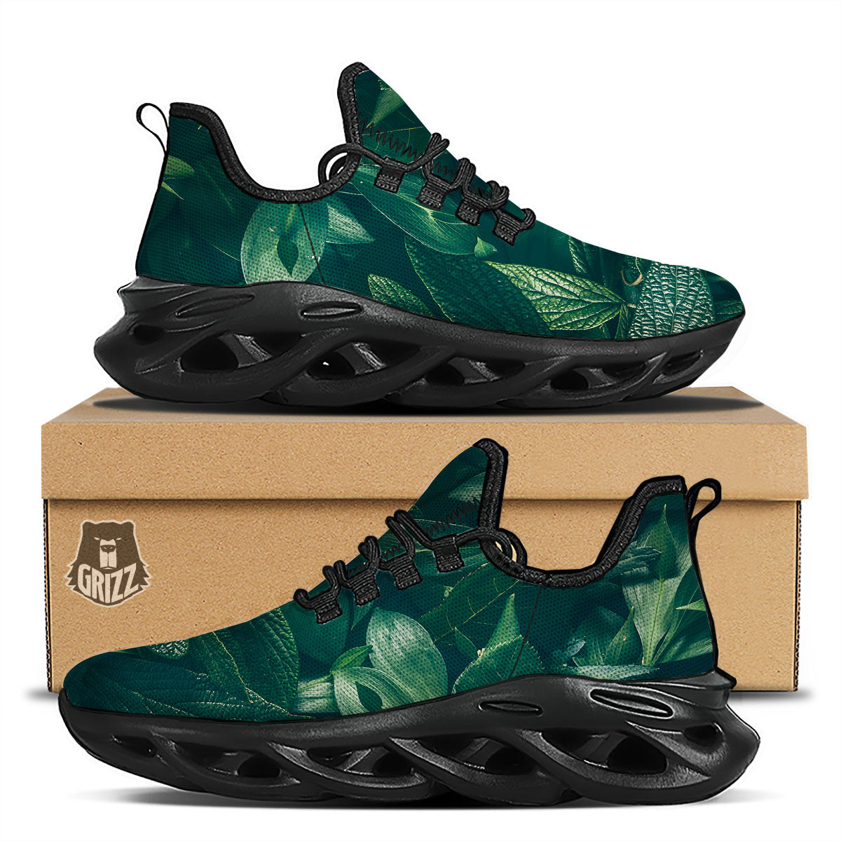 Green Natural Leaf Print Black Running Shoes-grizzshop