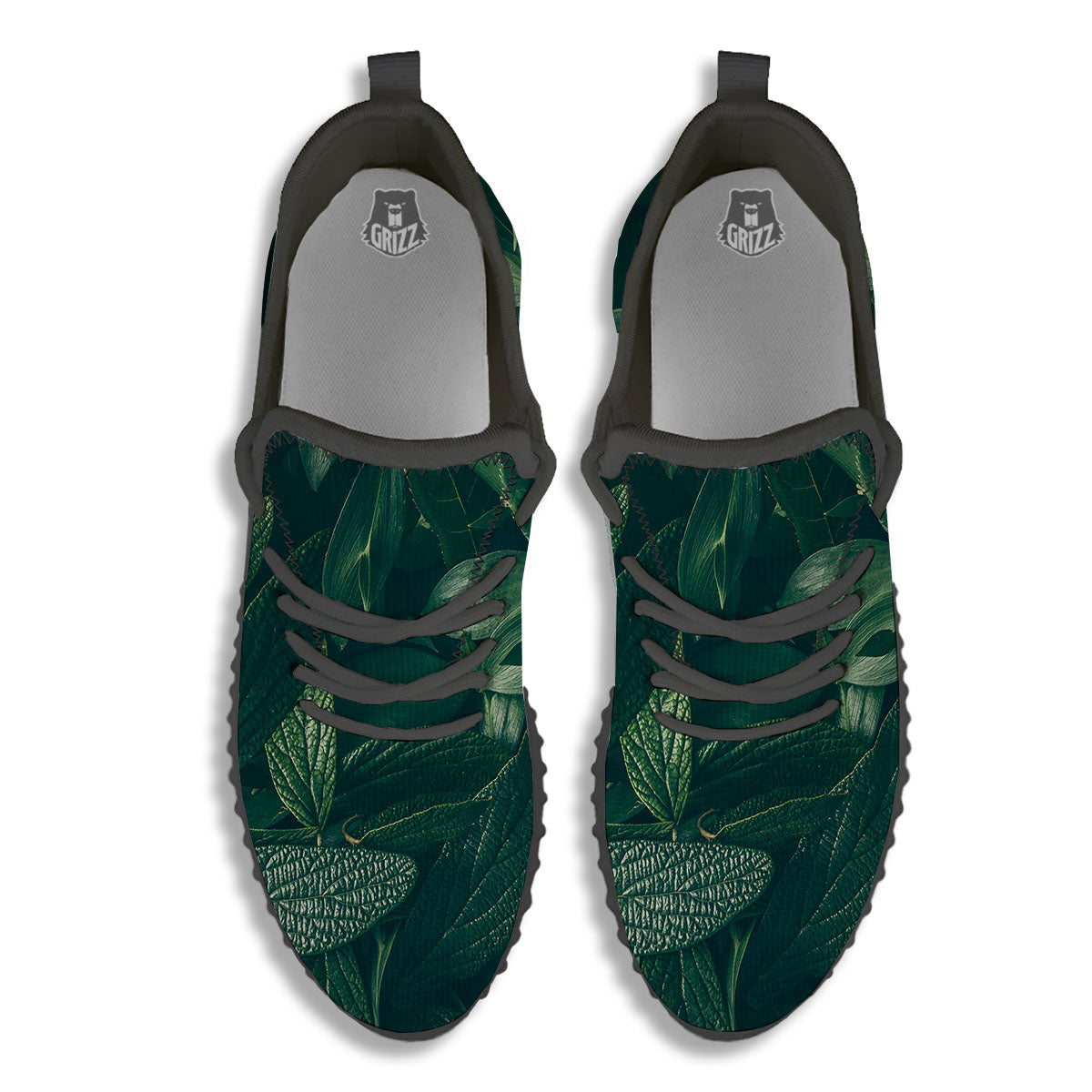 Green Natural Leaf Print Black Walking Shoes-grizzshop