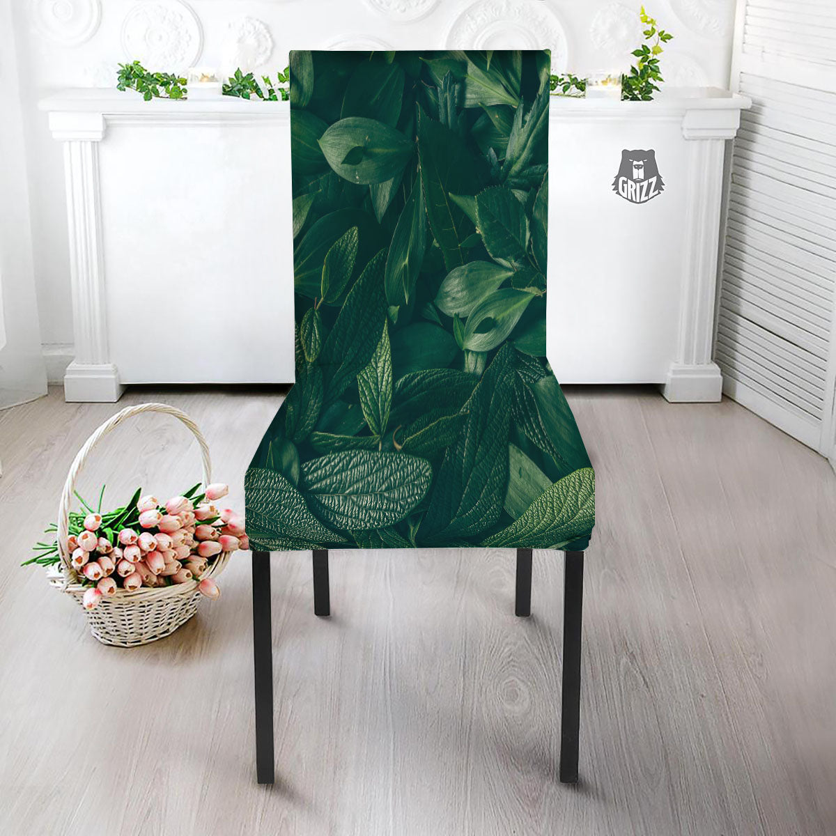 Green Natural Leaf Print Dining Chair Slipcover-grizzshop