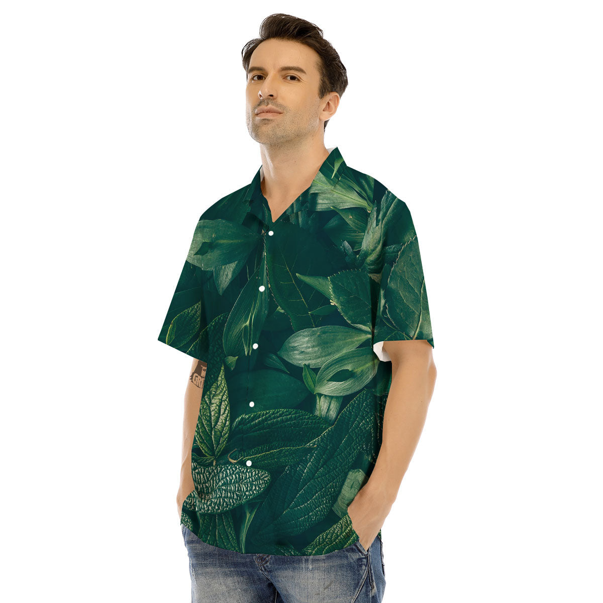 Green Natural Leaf Print Men's Hawaiian Shirt-grizzshop