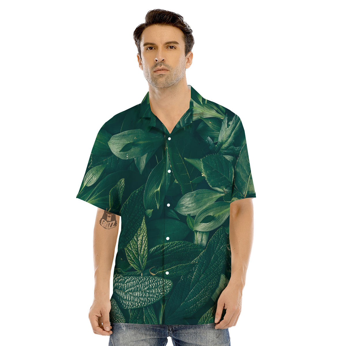 Green Natural Leaf Print Men's Hawaiian Shirt-grizzshop