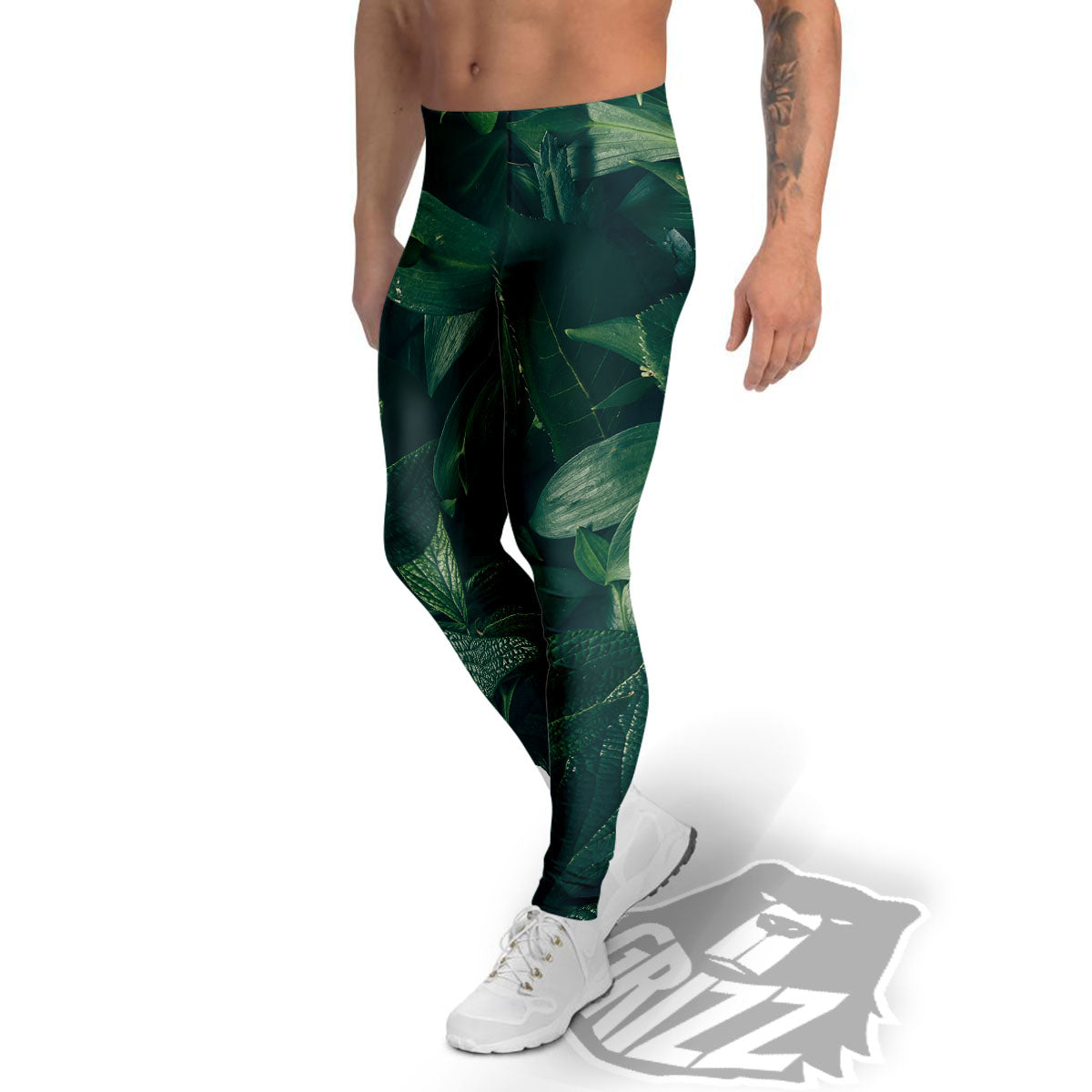 Green Natural Leaf Print Men's Leggings-grizzshop