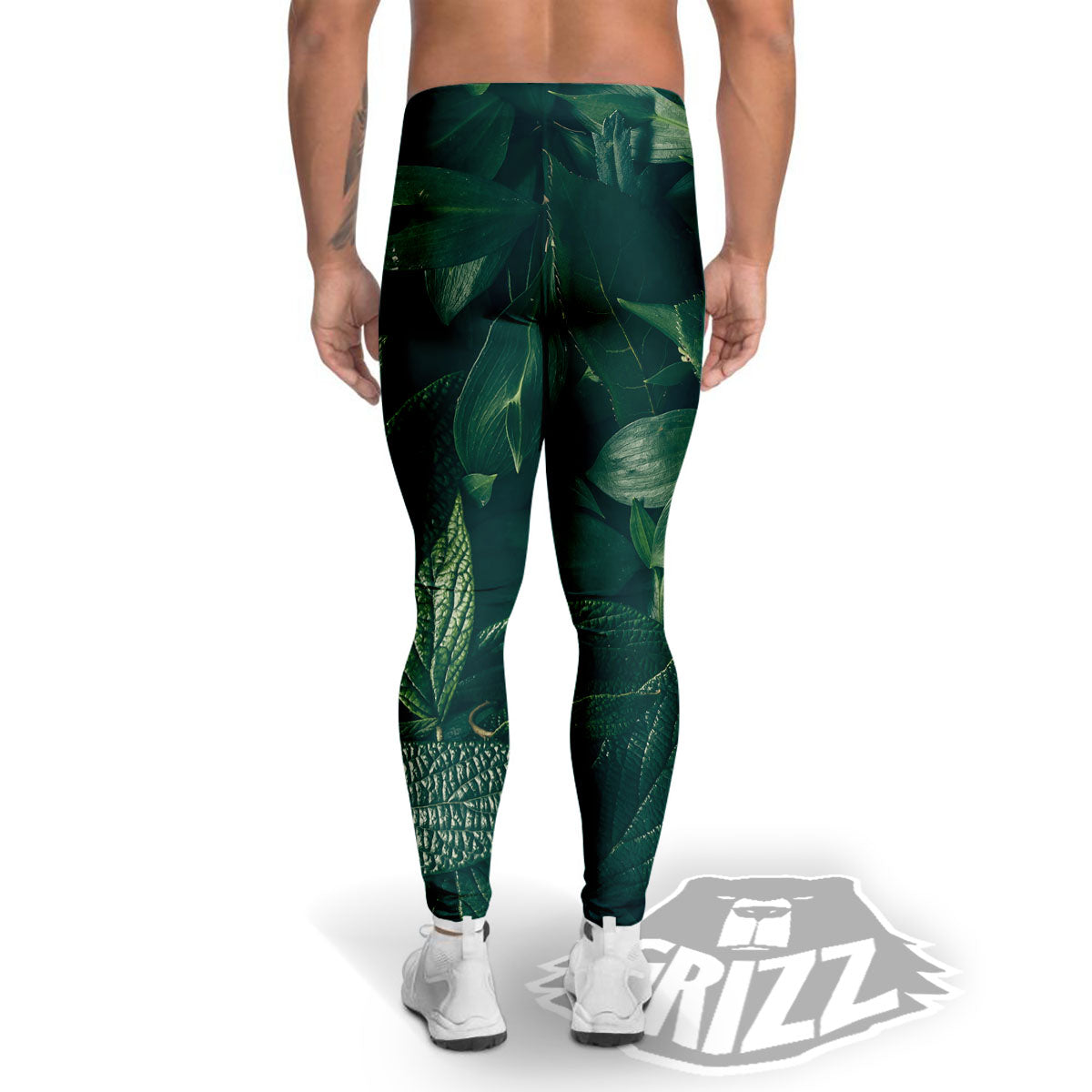Green Natural Leaf Print Men's Leggings-grizzshop