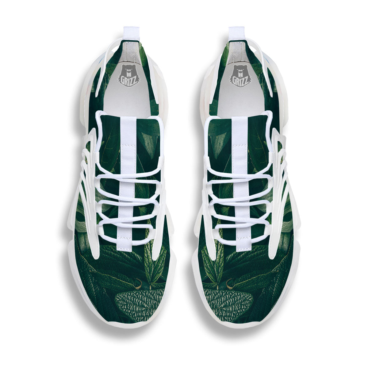 Green Natural Leaf Print White Gym Shoes-grizzshop